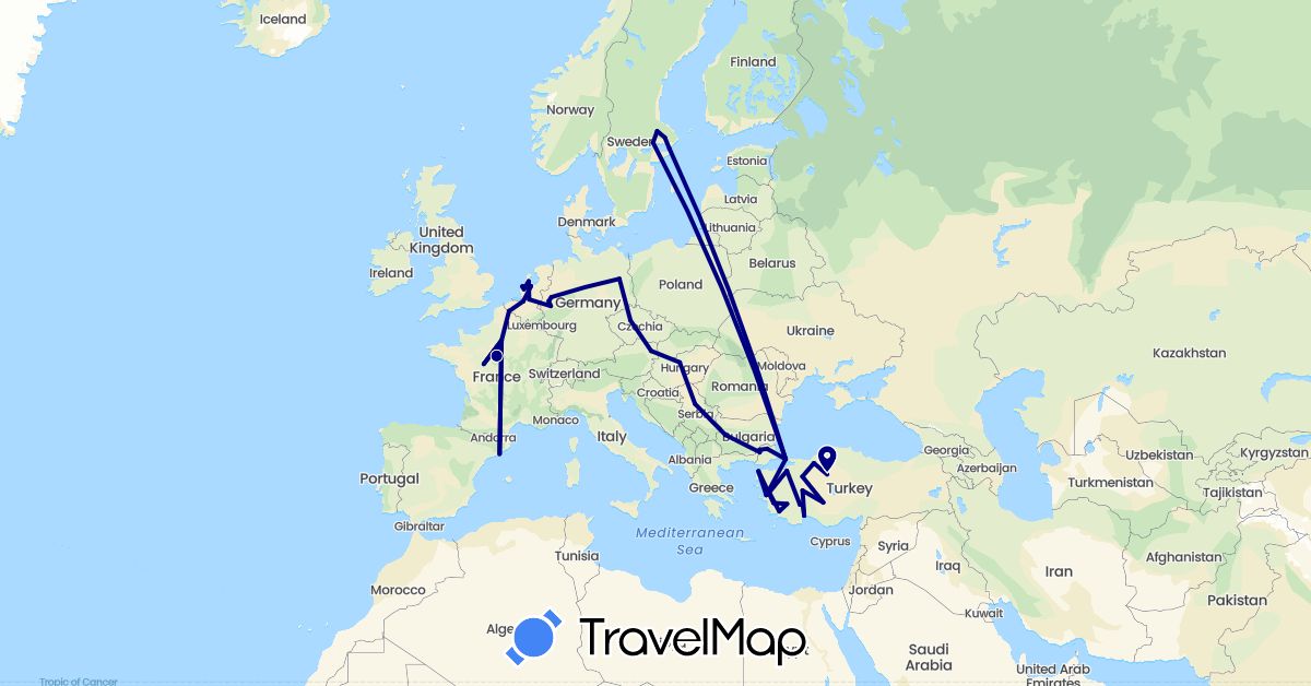 TravelMap itinerary: driving in Austria, Belgium, Bulgaria, Czech Republic, Germany, Spain, France, Greece, Hungary, Netherlands, Serbia, Sweden, Turkey (Asia, Europe)